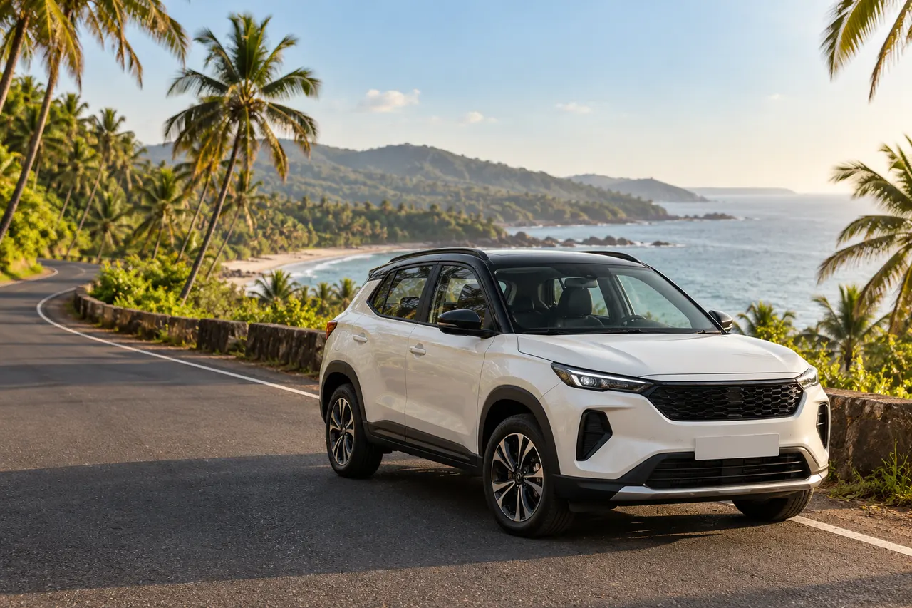 White SUV on a sunny coastal road